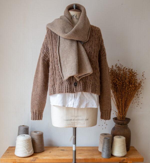 Tara Cardigan, brown cabled hand knit.